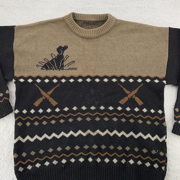 Vintage Hunting Sweater Medium Brown Black Crewneck Knit Intarsia Guns 90s - Picture 1 of 9
